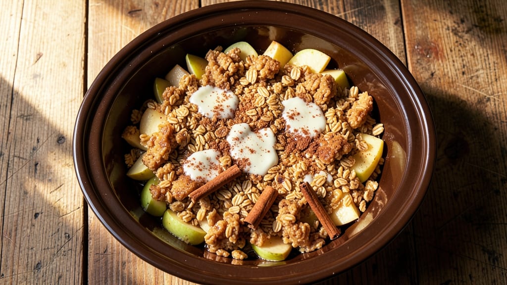 Slow Cooker Apple Crisp Recipe with Oatmeal: Warm Spice Streusel Crunch Over Ultra-Moist Filling